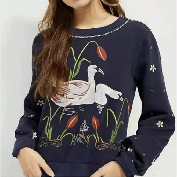 Anthropologie Swan Lake Embroidered & Bead Embellished Crewneck Sweatshirt - Picture 2 of 11